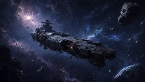 Sci-Fi Battleship Among Asteroids