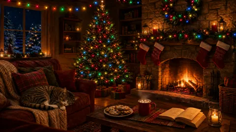 Christmas Living Room With Tabby Cat