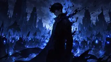 Sung Jinwoo stands foreground in a ruined dark fantasy city, shadow army massed behind him, blue aura and dramatic rim lighting, cinematic, ominous, powerful mood. live wallpaper