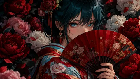 Kimono Woman With Peony Fan