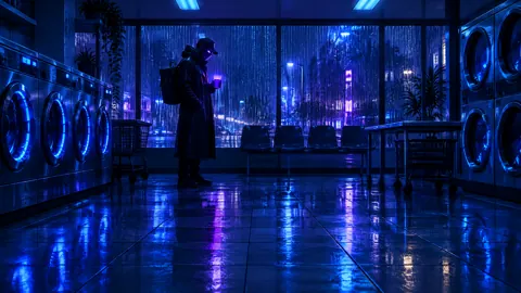 Masked Courier in Laundromat
