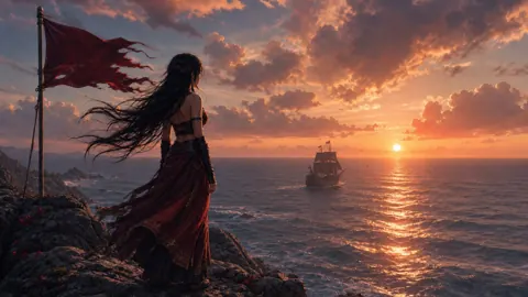 Woman in Red on Coast