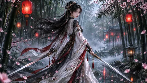 Wuxia Swordswoman in Bamboo Forest