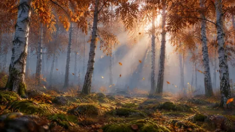 Birch Grove in Autumn Fog