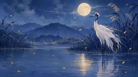 White Crane Under Full Moon
