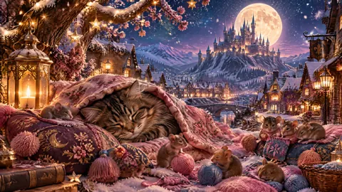 Sleeping Tabby in Snowy Village