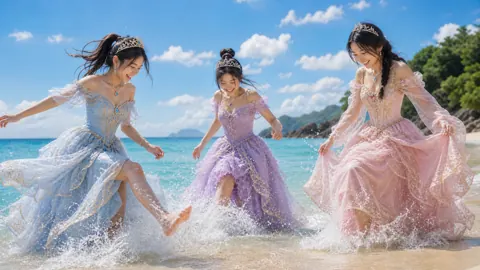 Three Princesses Splashing at Beach