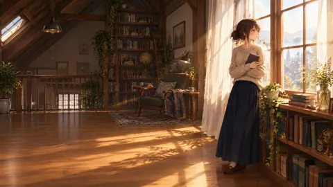 Woman Reading in Attic Library