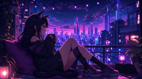 Catgirl Balcony With Black Cat