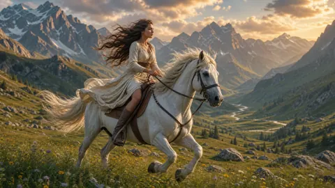 Woman on White Horse in Alps