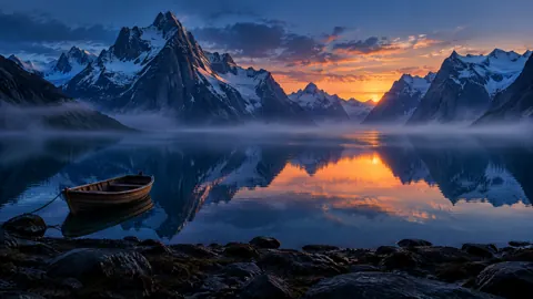 Rowboat on Glacial Fjord