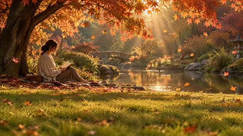 Woman Reading by Autumn Pond