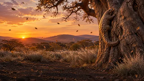 Pangolin Climbing Baobab at Sunset