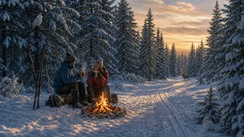 Skiers With Campfire Cocoa