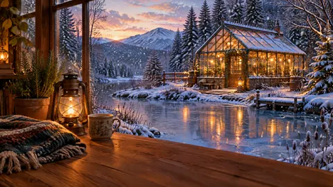Greenhouse Beside Frozen Pond