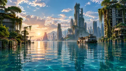 Flooded Coastal City at Sunset