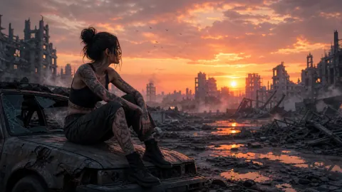 Tattooed Woman on Wrecked Car