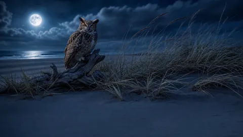 Great Horned Owl on Driftwood