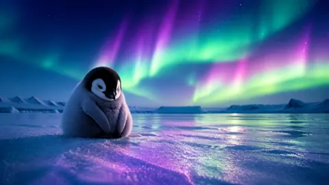 Baby Penguin Under Aurora