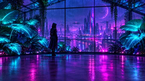 Hooded Woman in Cyberpunk Greenhouse