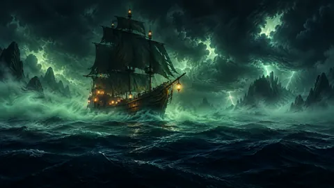 Lantern Ship Below Cliffs
