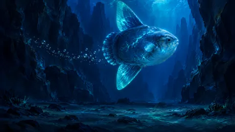 Bioluminescent Moonfish in Underwater Canyon