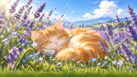 Sleeping Ginger Cat in Lavender