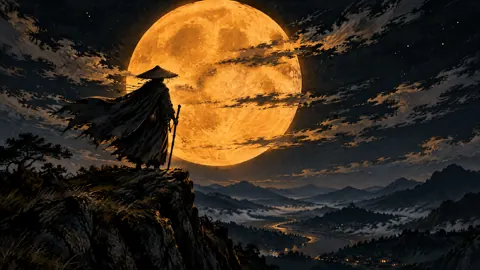Straw-Hatted Traveler Before Amber Moon