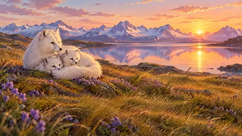 Arctic Fox Family at Sunset