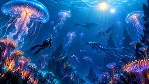 Diver Among Glowing Jellyfish