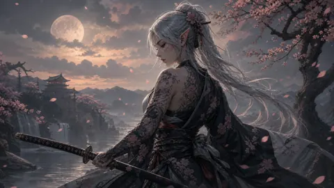 Elf Samurai Under Full Moon