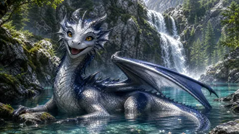Silver Wyvern Beneath Waterfall