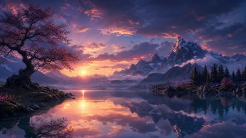 Flowering Tree by Mountain Lake