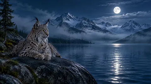 Lynx by Moonlit Alpine Lake