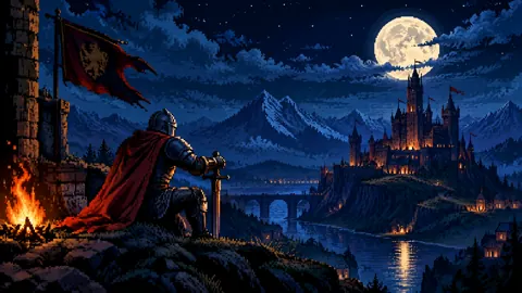 Pixel Knight Watching Moonlit Castle