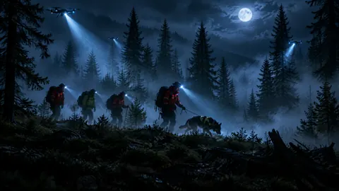 Rescue Dog Under Searchlights