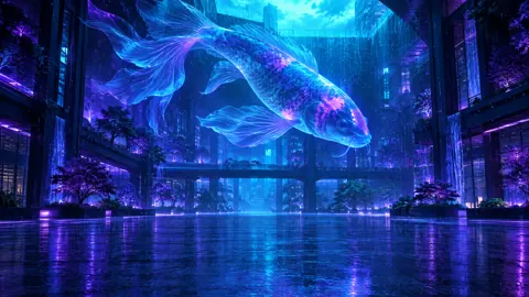 Giant Koi in Cyberpunk Atrium