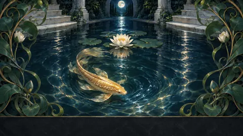 Golden Koi Under Water Lily