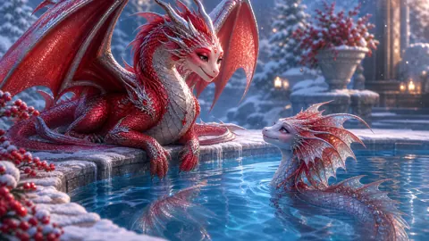 Red and Silver Dragons Poolside