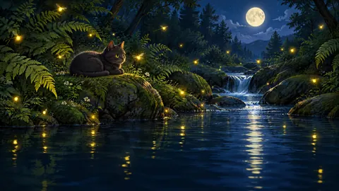 Charcoal Cat by Moonlit Stream