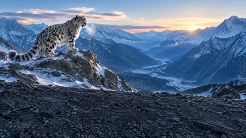 Snow Leopard Above Alpine Valley