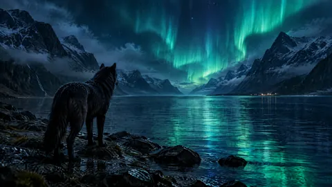 Black Wolf Under Teal Aurora