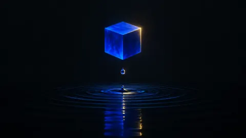 Glowing Blue Cube Over Ripples
