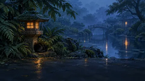 Black Cat by Stone Lantern