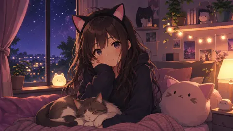 Anime Girl With Sleeping Cat
