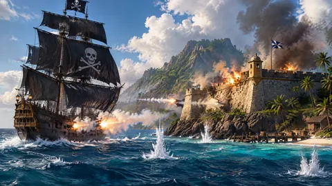 Pirate Ship Attacking Coastal Fort