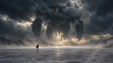 Cloaked Traveler Beneath Floating Colossus