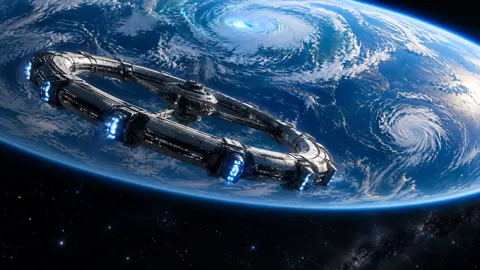 Ring Ship Above Storm Planet