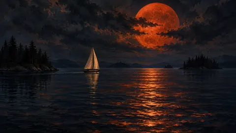 Sailboat Under Red Moon