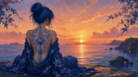 Blue-Haired Woman on Shore